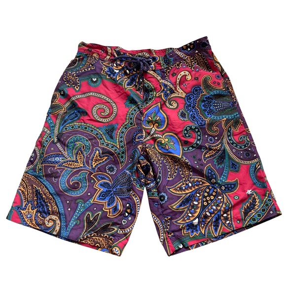 Vtg Y2K Etro Paisley Floral Swim Short Trunks Men S Red Purple 9in Made in Italy